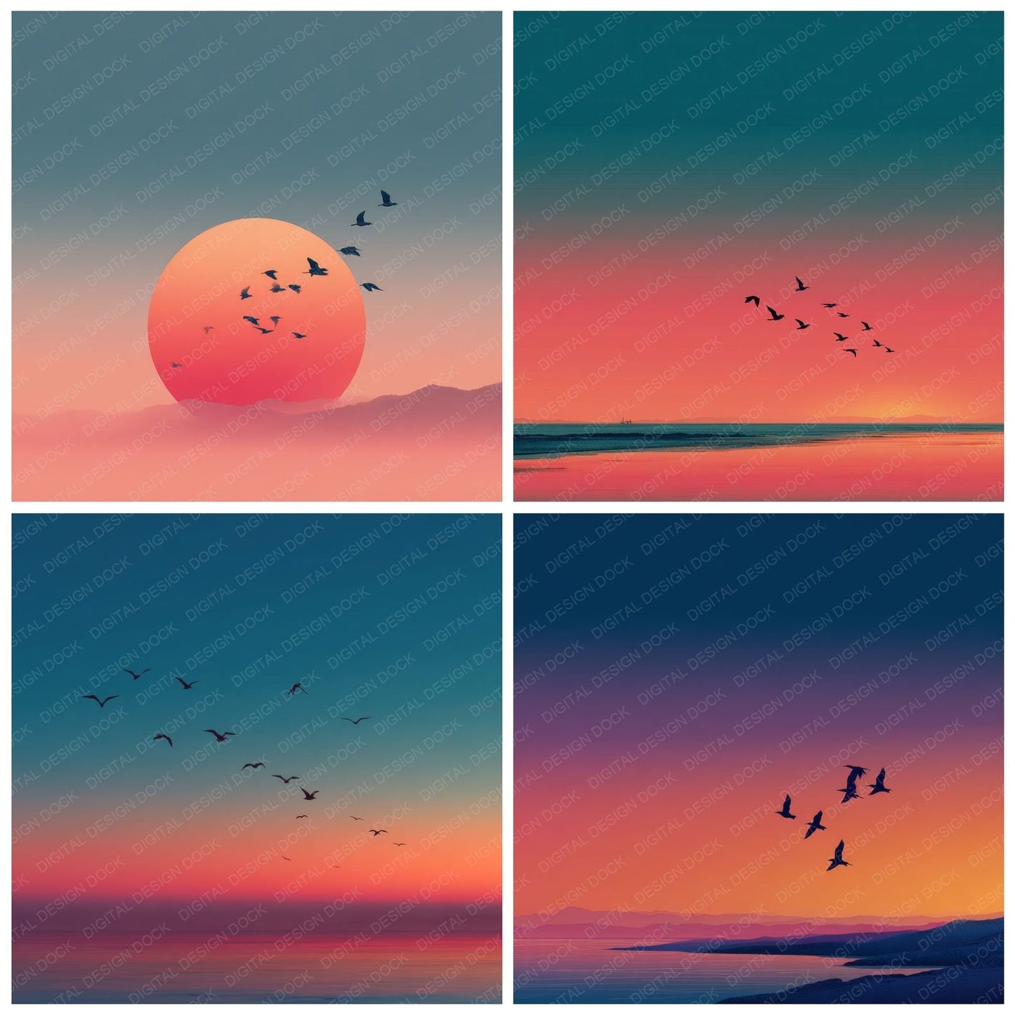 Birds Over Beach Sunset Background Digital Paper Pack (DDD000262)