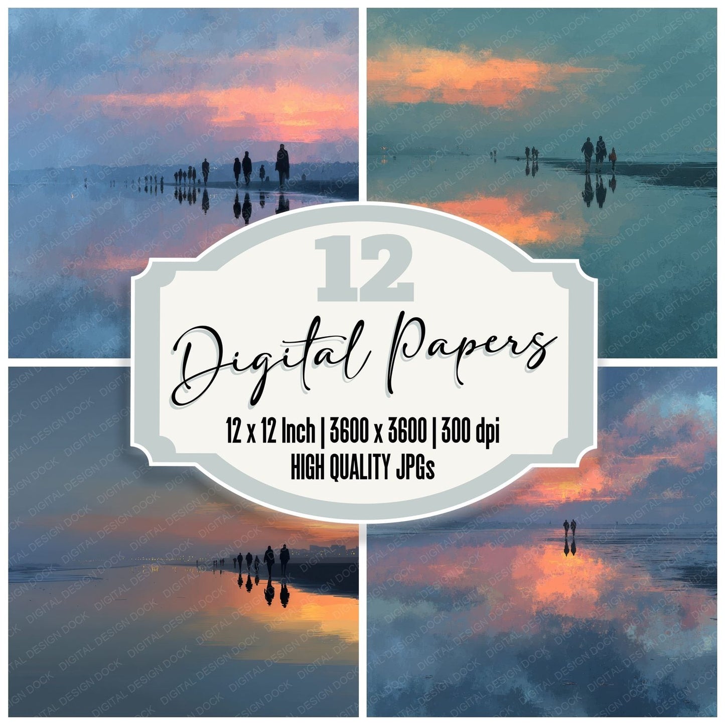 Dusk Beach Silhouette Background Digital Paper Pack (DDD000266)