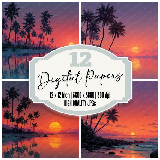 Palm Silhouette Sunset Background Digital Paper Pack (DDD000276)