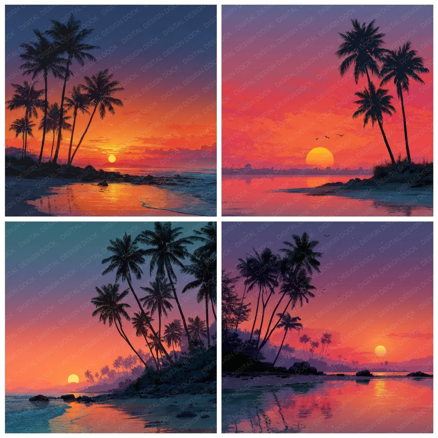 Palm Silhouette Sunset Background Digital Paper Pack (DDD000276)
