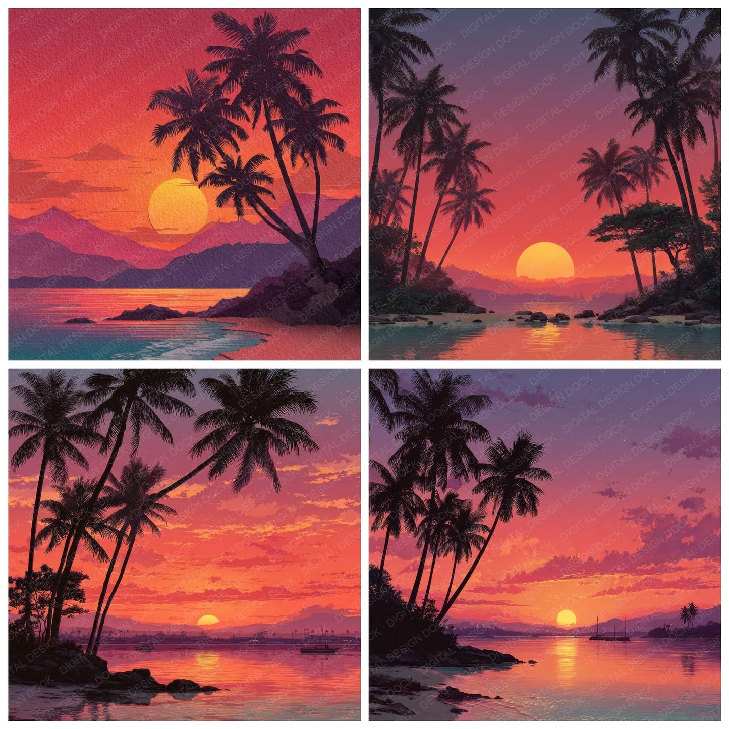 Palm Silhouette Sunset Background Digital Paper Pack (DDD000276)