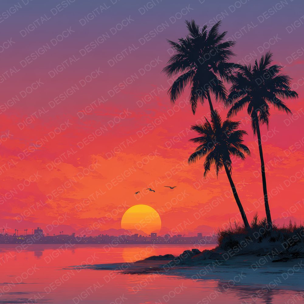 Palm Silhouette Sunset Background Digital Paper Pack (DDD000276)