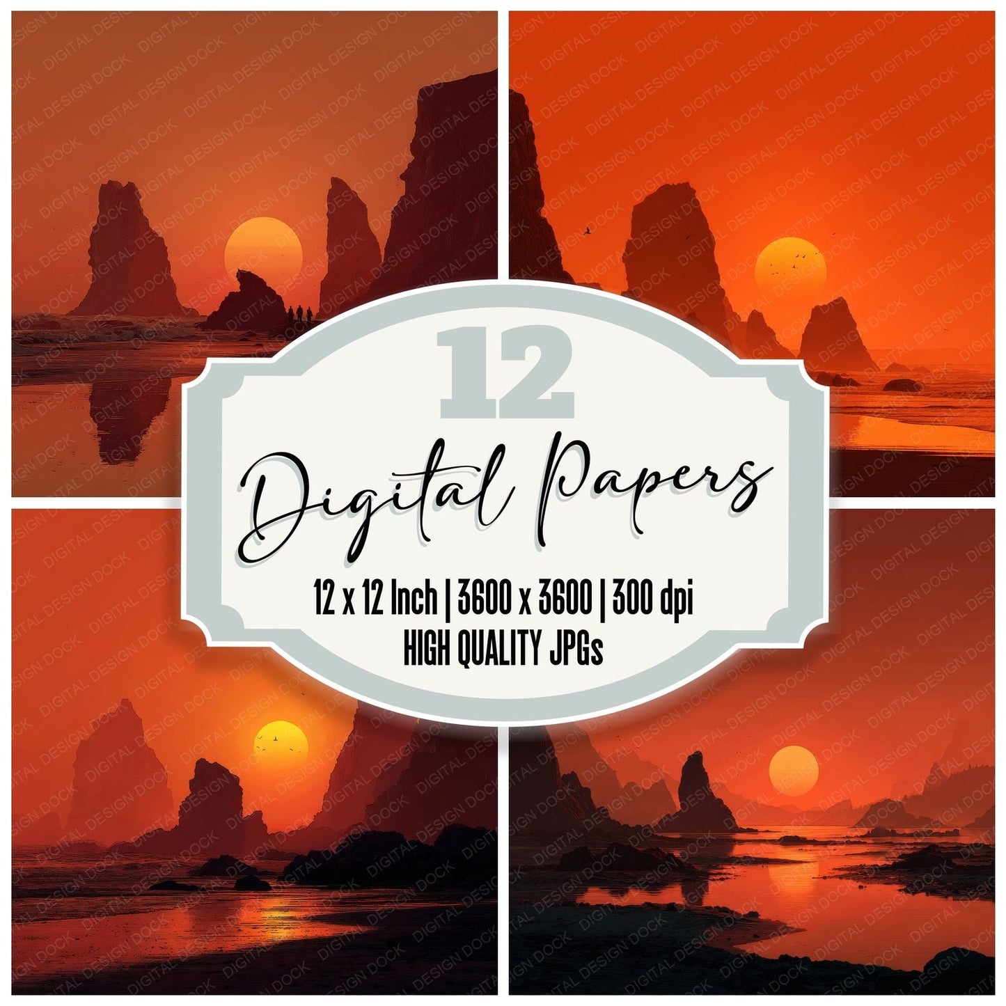 Rocky Shore Sunset Background Digital Paper Pack (DDD000277)