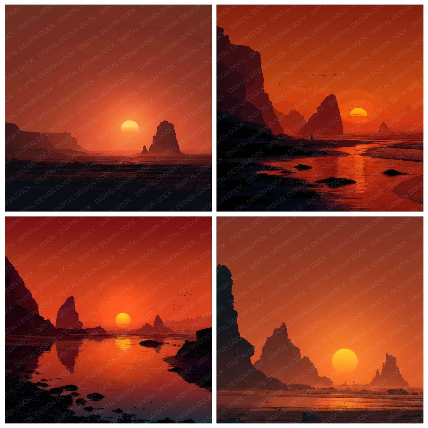 Rocky Shore Sunset Background Digital Paper Pack (DDD000277)