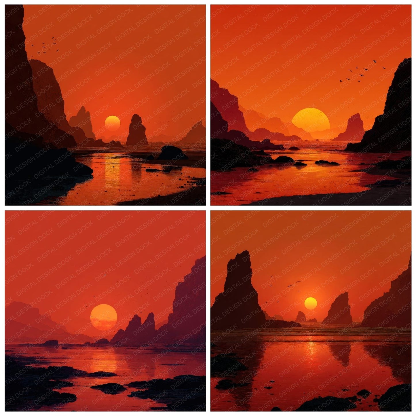 Rocky Shore Sunset Background Digital Paper Pack (DDD000277)