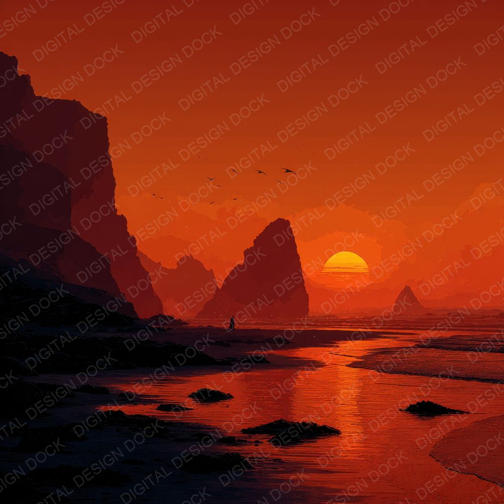 Rocky Shore Sunset Background Digital Paper Pack (DDD000277)