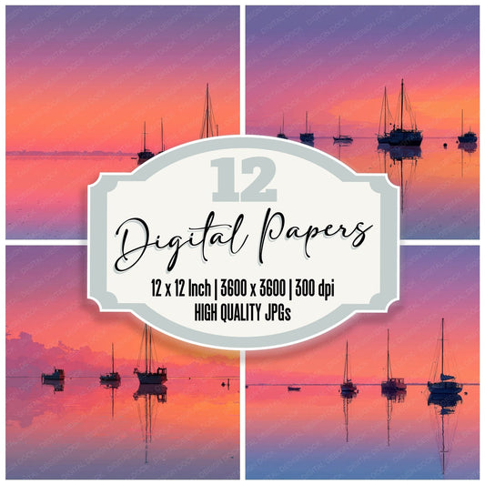 Sailboat Silhouette Sunset Background Digital Paper Pack (DDD000278)