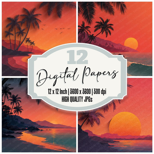 Tropical Palm Shore Sunset Background Digital Paper Pack (DDD000279)
