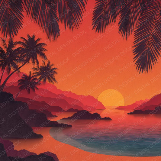 Tropical Palm Shore Sunset Background Digital Paper Pack (DDD000279)