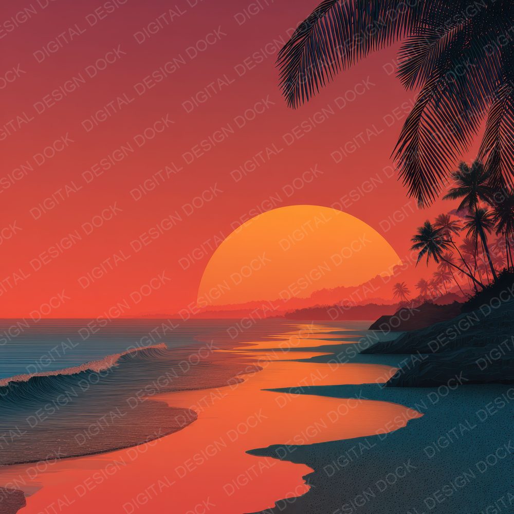 Tropical Palm Shore Sunset Background Digital Paper Pack (DDD000279)