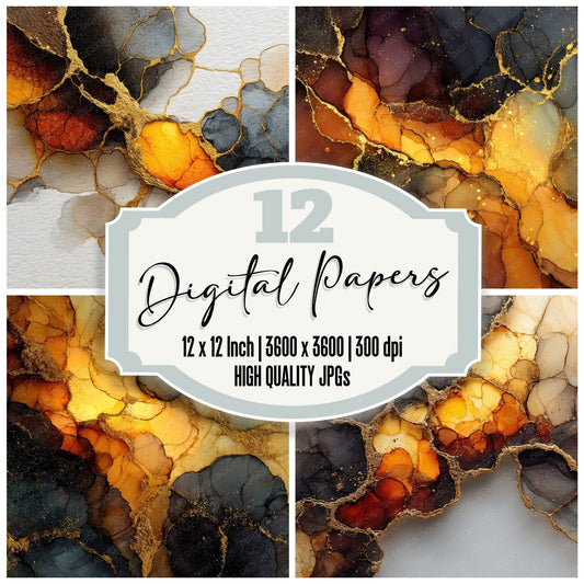 Black Gold Alcohol Ink Background Digital Paper Pack (DDD000301)