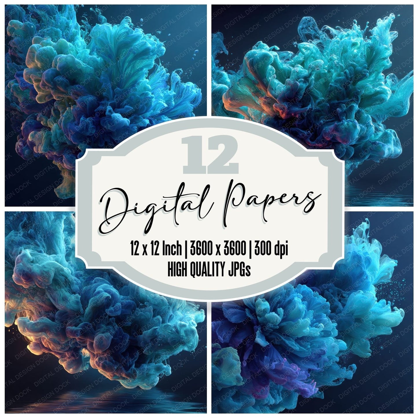 Neon Blue Ink Water Background Digital Paper Pack (DDD000307)