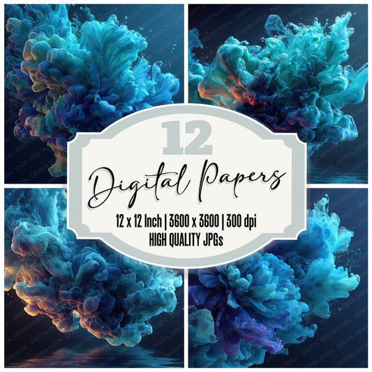 Neon Blue Ink Water Background Digital Paper Pack (DDD000307)