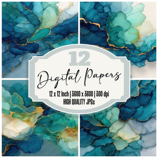 Teal Alcohol Ink Background Digital Paper Pack (DDD000319)