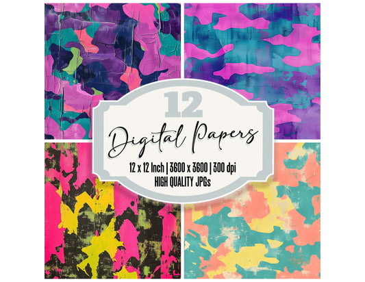 80s Colourful Camouflage digital paper pack designed for background pages in junk journaling and paper craft projects