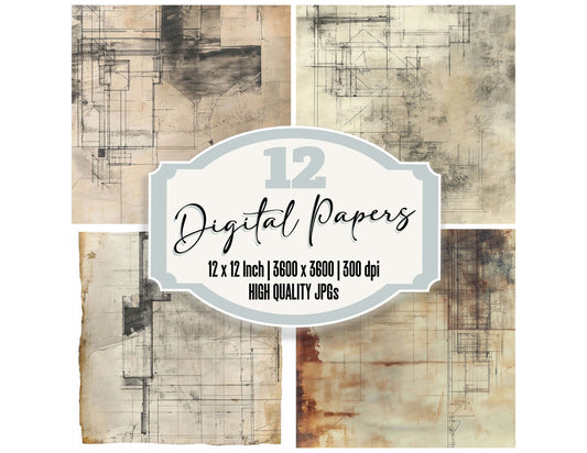 Abandoned Blueprints Oil digital paper pack designed for background pages in junk journaling and paper craft projects
