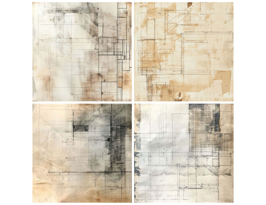 Preview layout showing Abandoned Blueprints Oil papers arranged as background pages for junk journals and mixed media crafts