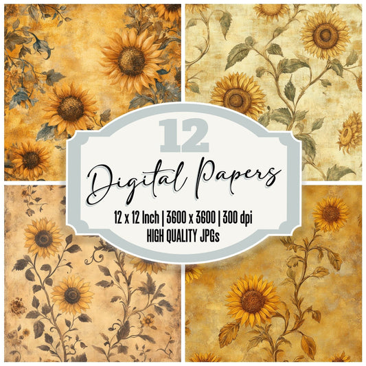 Aged Sunflower Print Digital Paper Pack (DDD000342)