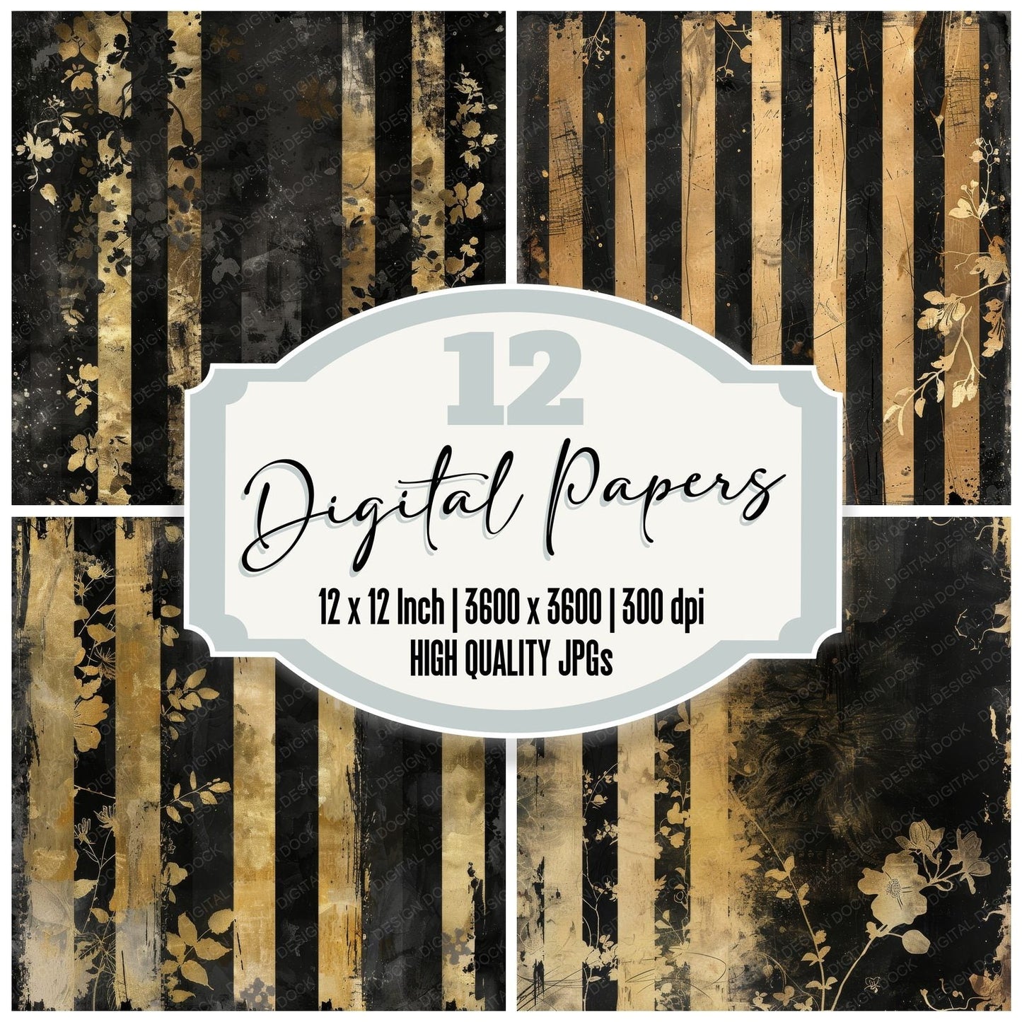 Black and Gold Floral Stripes Digital Paper Pack (DDD000373)