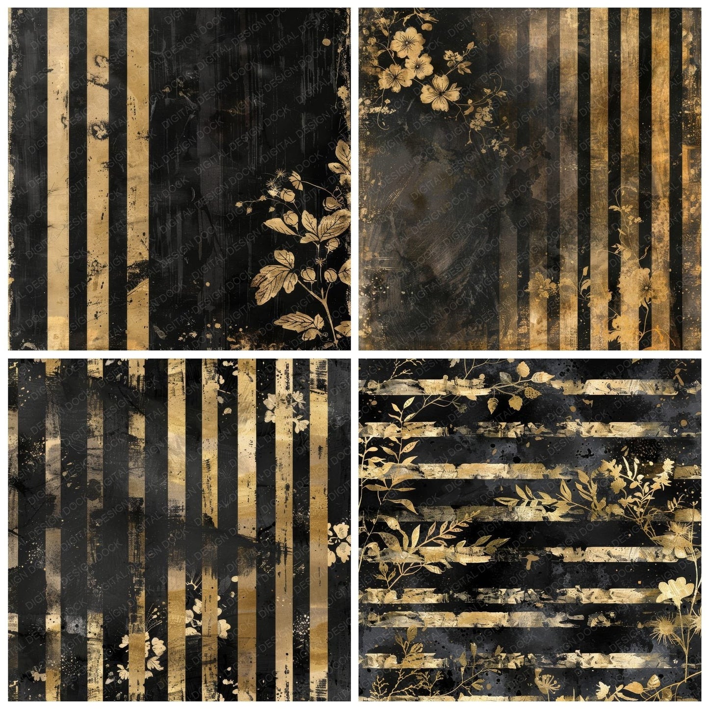 Black and Gold Floral Stripes Digital Paper Pack (DDD000373)