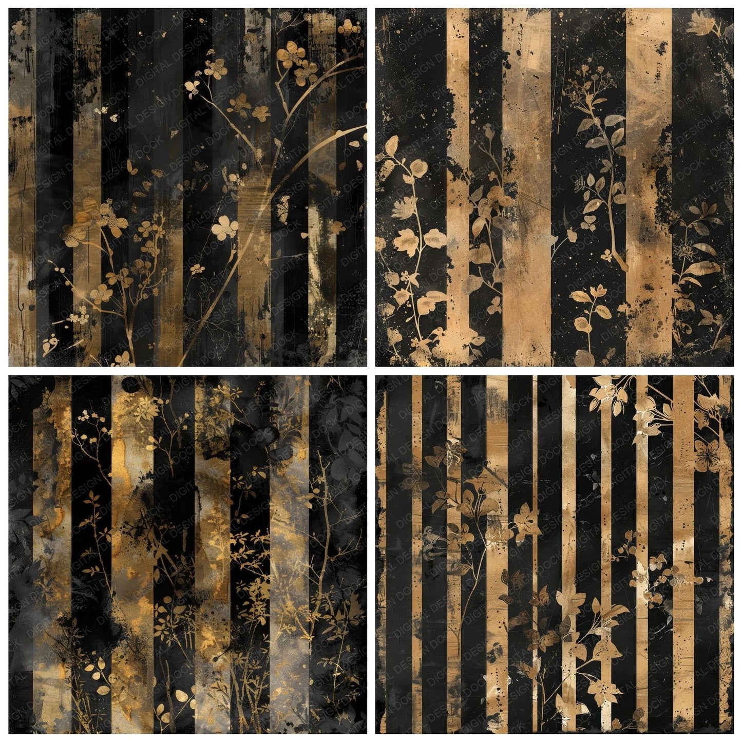 Black and Gold Floral Stripes Digital Paper Pack (DDD000373)