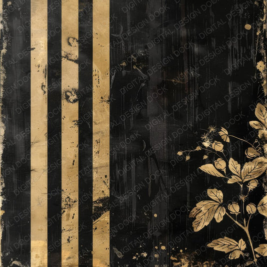 Black and Gold Floral Stripes Digital Paper Pack (DDD000373)