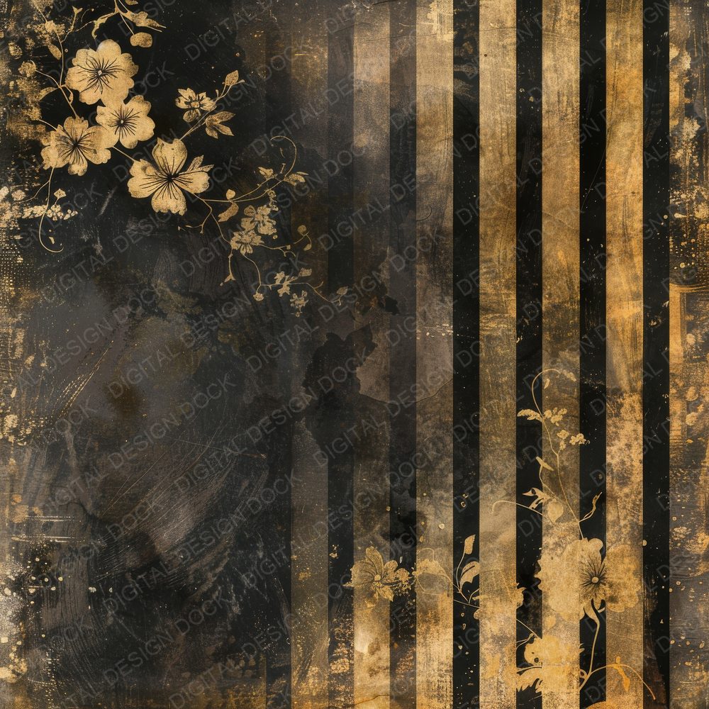 Black and Gold Floral Stripes Digital Paper Pack (DDD000373)