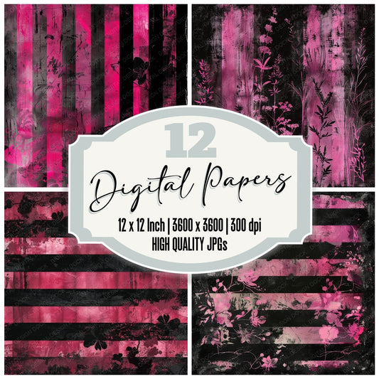 Black and Hot Pink Floral Stripes Digital Paper Pack (DDD000374)