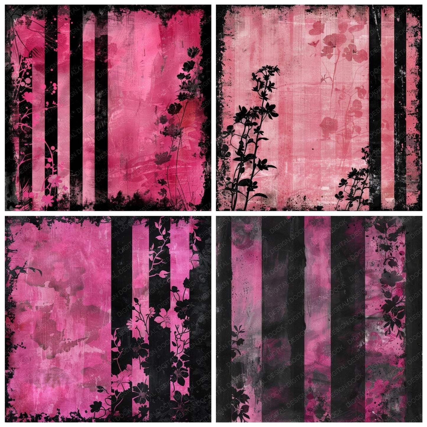 Black and Hot Pink Floral Stripes Digital Paper Pack (DDD000374)