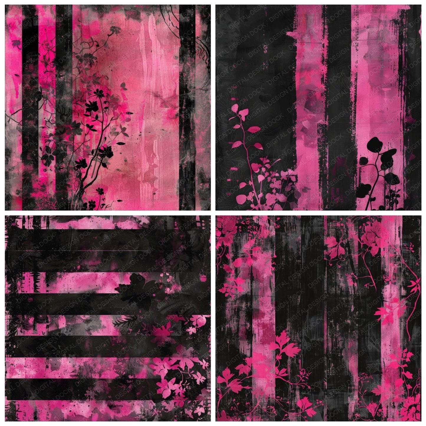 Black and Hot Pink Floral Stripes Digital Paper Pack (DDD000374)