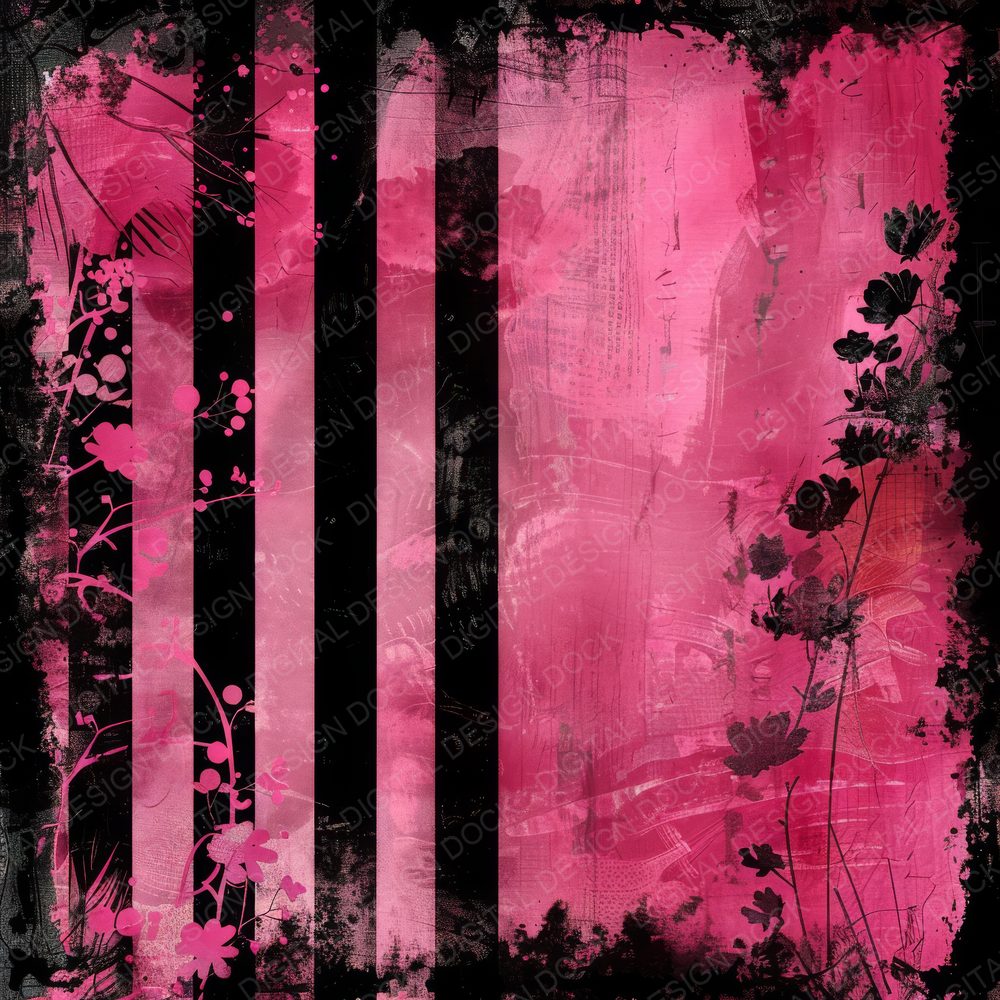 Black and Hot Pink Floral Stripes Digital Paper Pack (DDD000374)