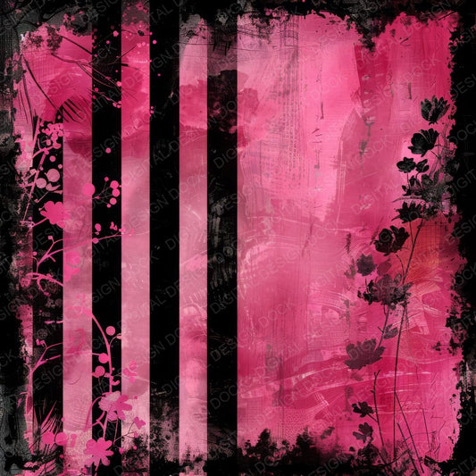 Black and Hot Pink Floral Stripes Digital Paper Pack (DDD000374)