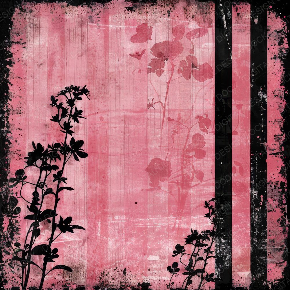 Black and Hot Pink Floral Stripes Digital Paper Pack (DDD000374)