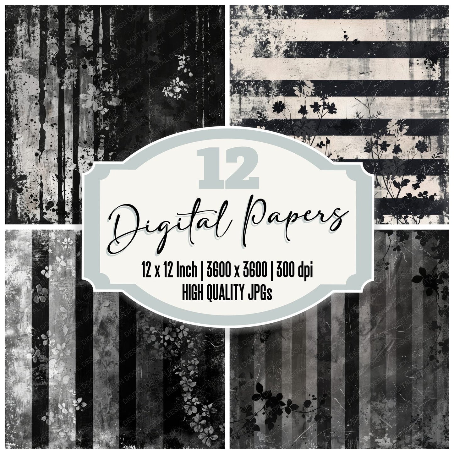 Black and Silver Floral Stripes Digital Paper Pack (DDD000375)