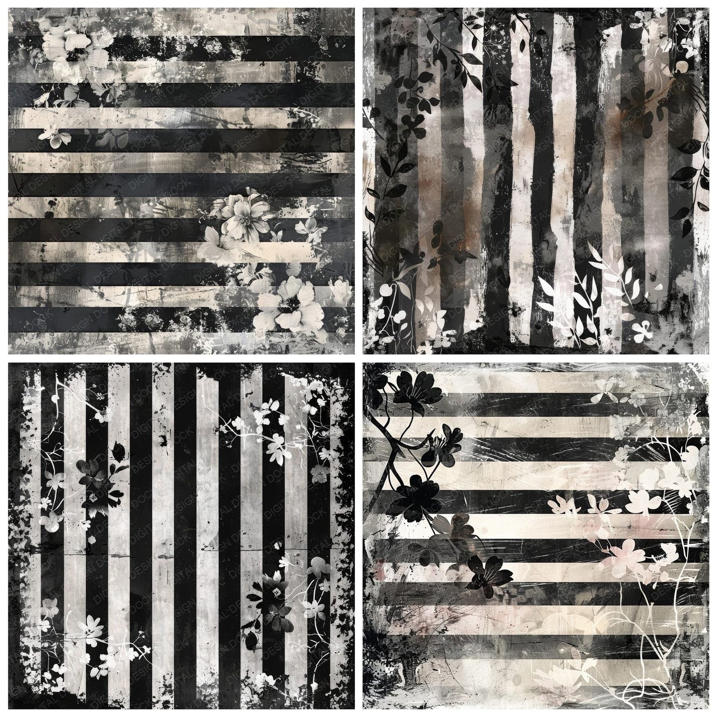 Black and Silver Floral Stripes Digital Paper Pack (DDD000375)