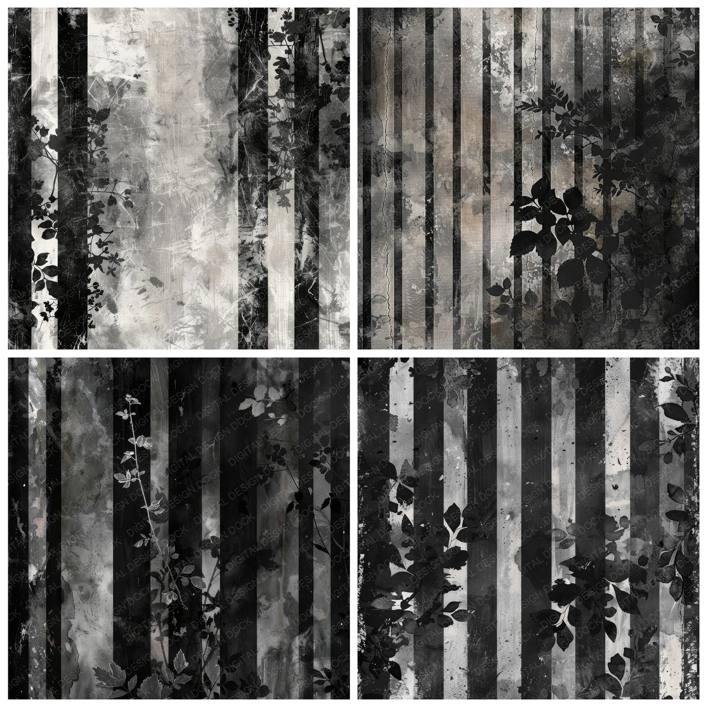 Black and Silver Floral Stripes Digital Paper Pack (DDD000375)