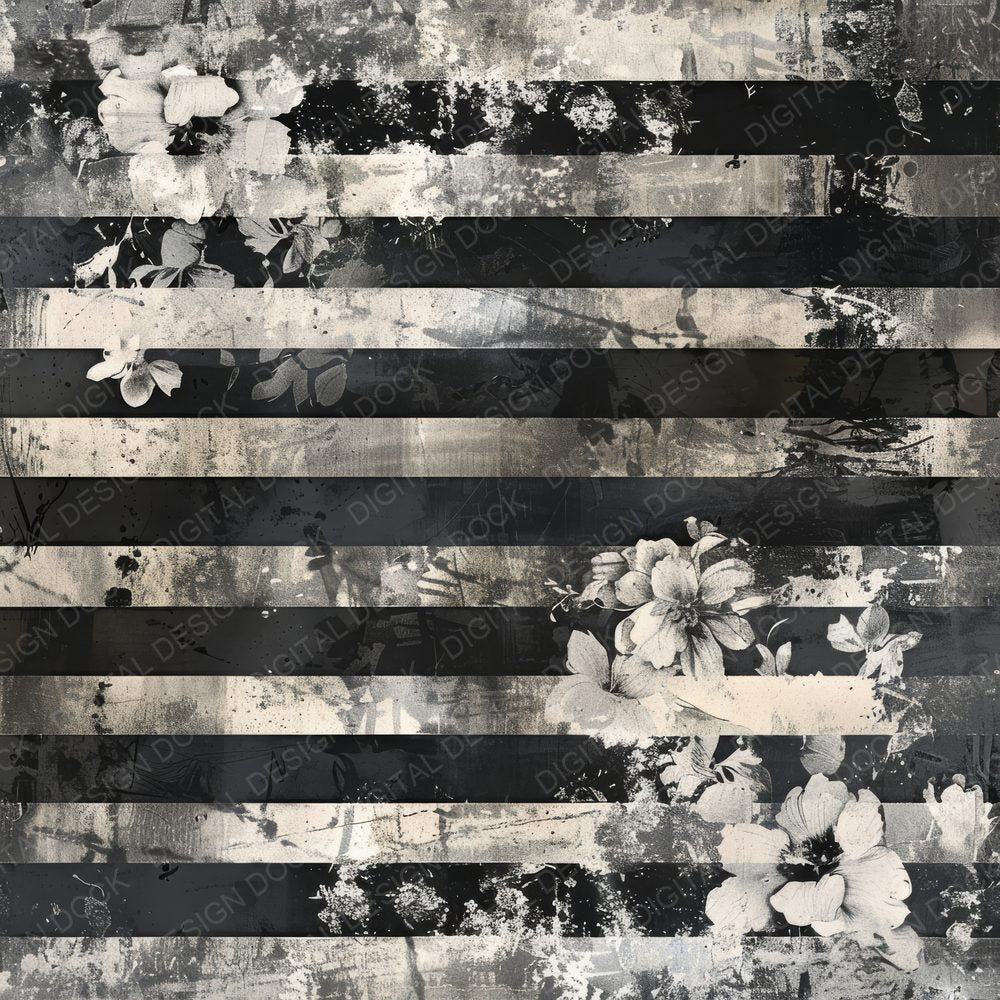 Black and Silver Floral Stripes Digital Paper Pack (DDD000375)