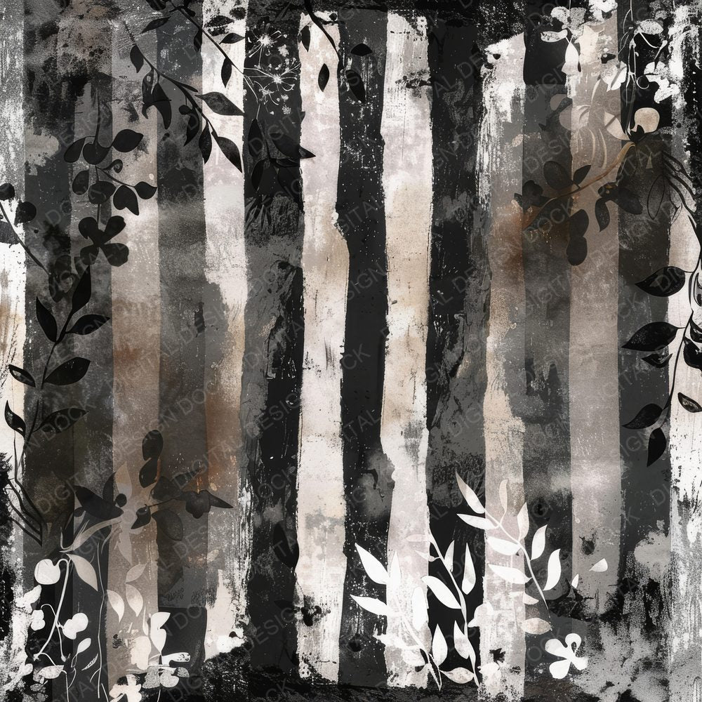 Black and Silver Floral Stripes Digital Paper Pack (DDD000375)