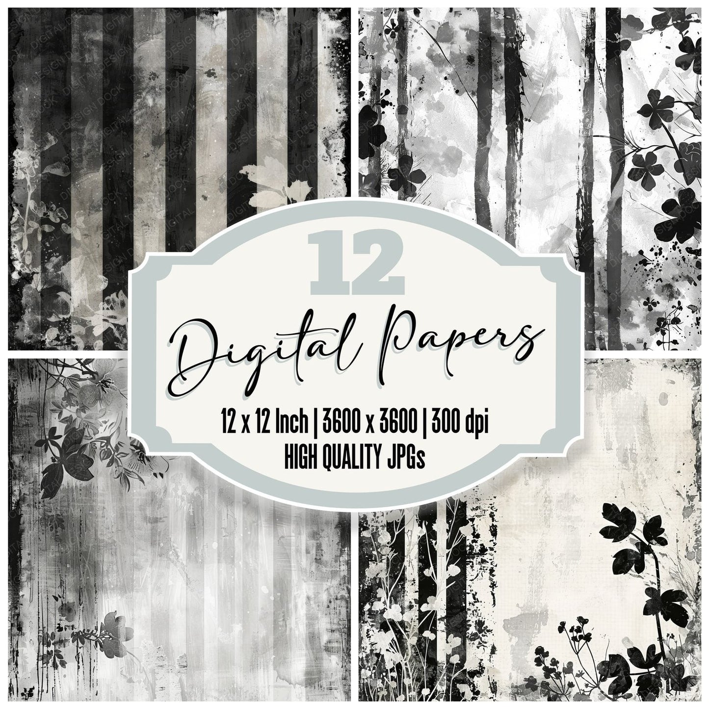 Black and White Floral Stripes Digital Paper Pack (DDD000376)