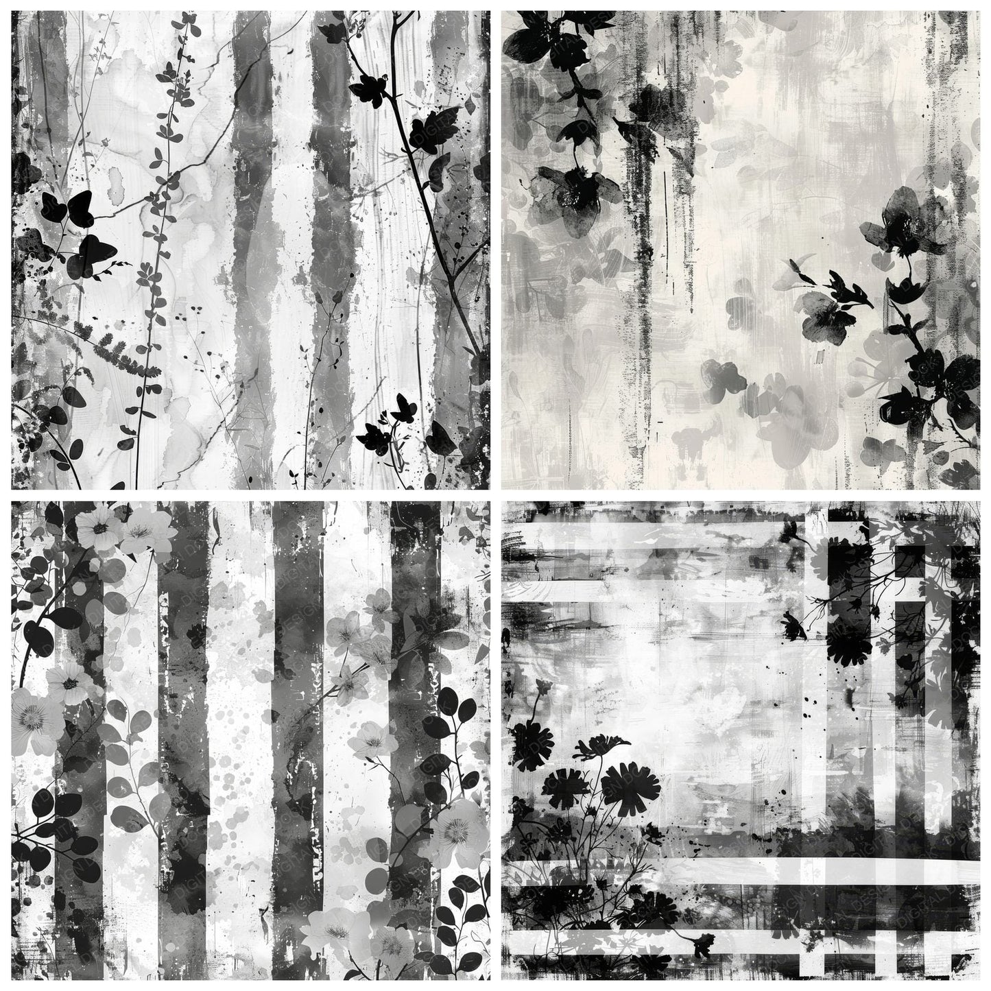 Black and White Floral Stripes Digital Paper Pack (DDD000376)