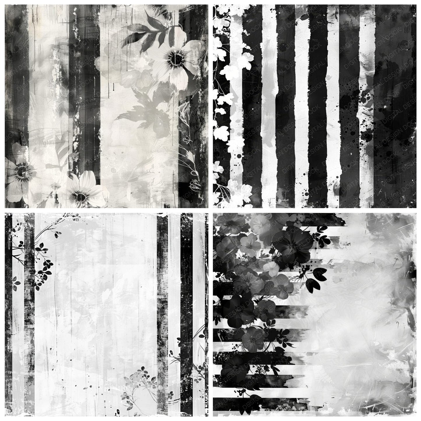 Black and White Floral Stripes Digital Paper Pack (DDD000376)