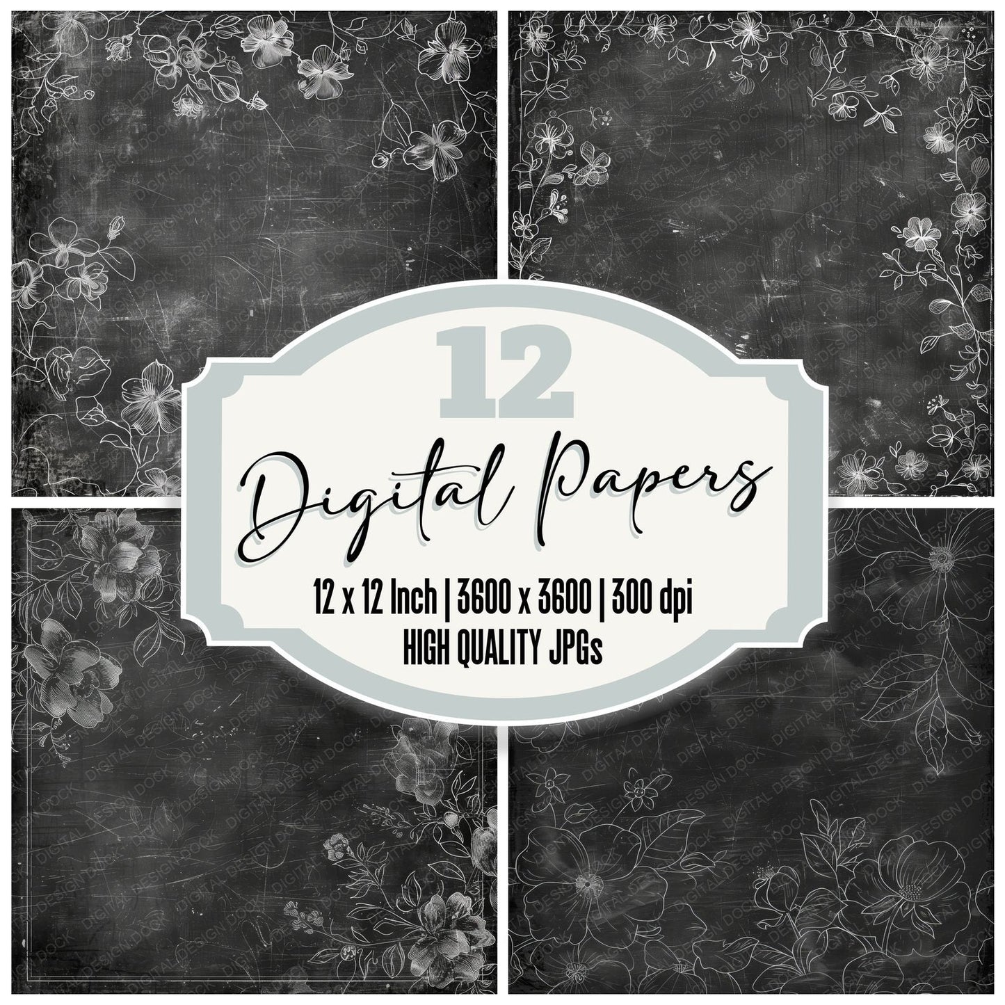 Black Chalkboard Floral Digital Paper Pack (DDD000377)