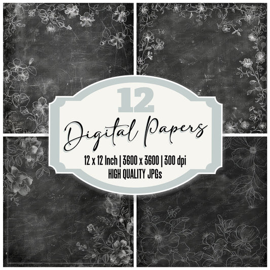 Black Chalkboard Floral Digital Paper Pack (DDD000377)