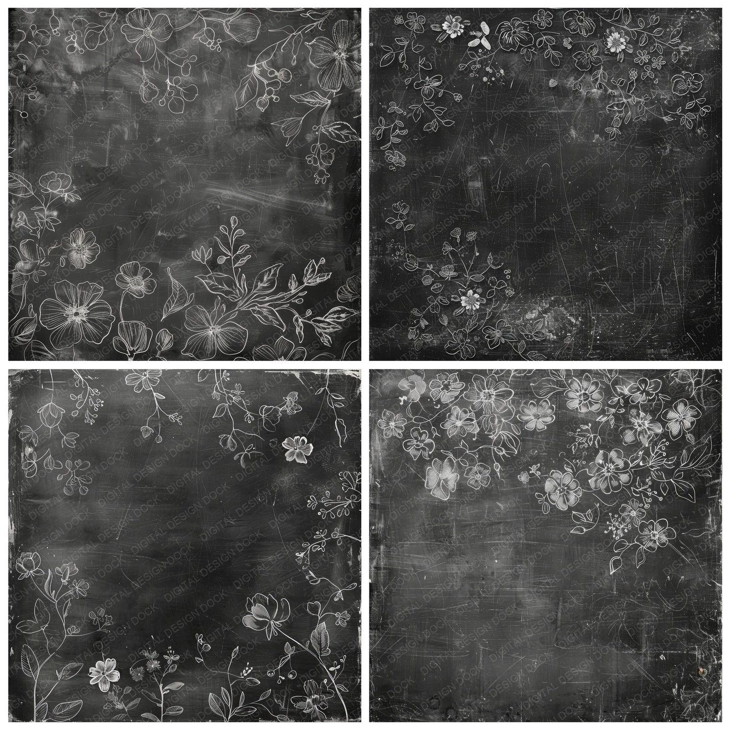 Black Chalkboard Floral Digital Paper Pack (DDD000377)