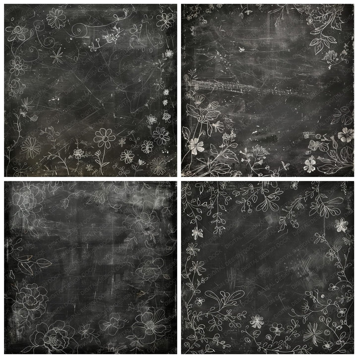 Black Chalkboard Floral Digital Paper Pack (DDD000377)