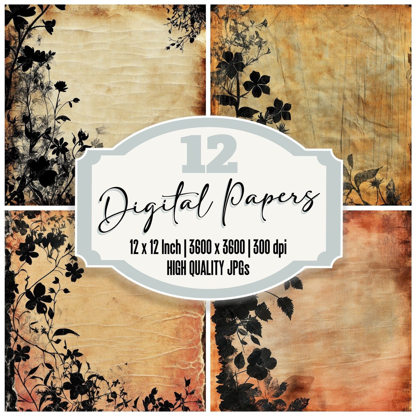 Black Floral Silhouettes Digital Paper Pack (DDD000378)