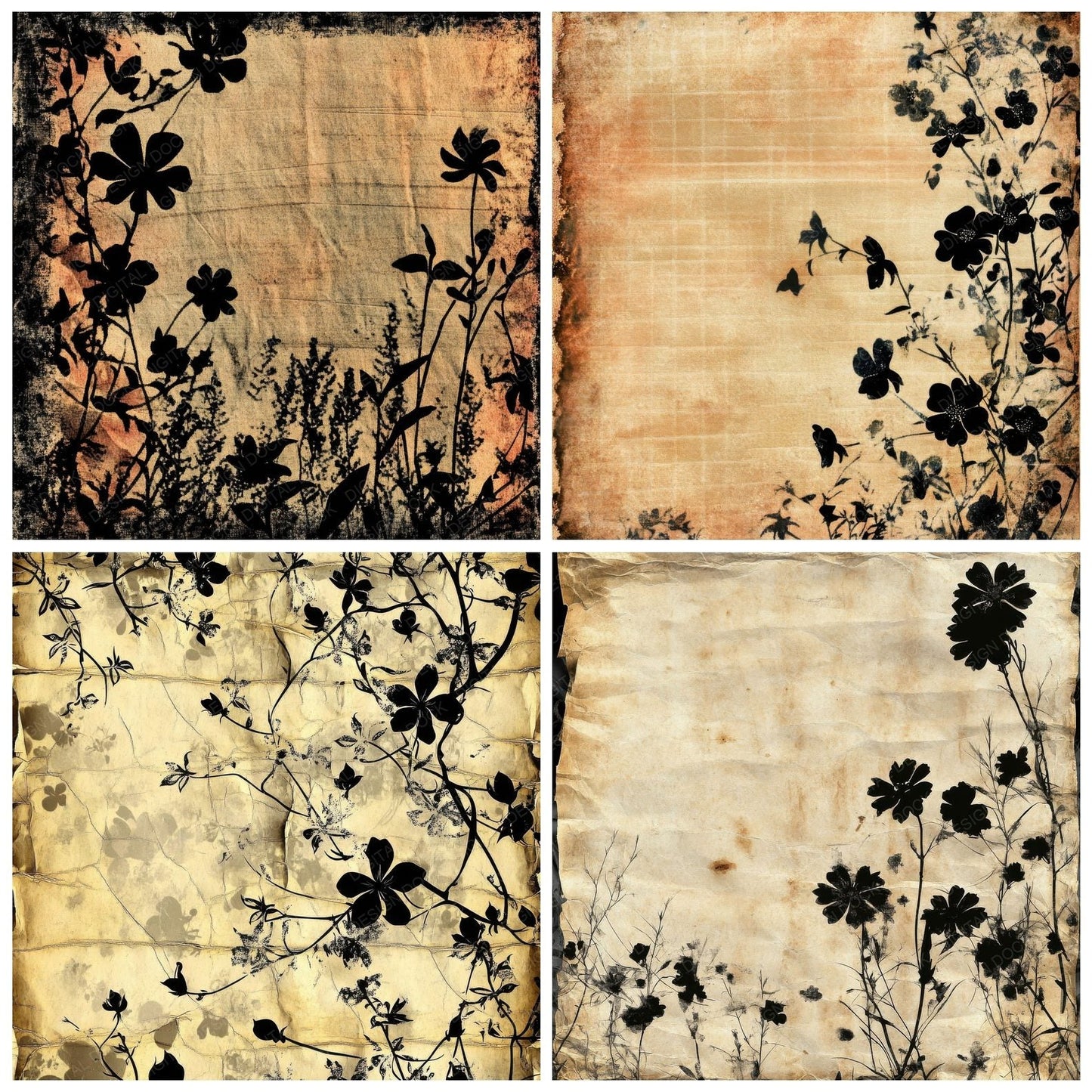 Black Floral Silhouettes Digital Paper Pack (DDD000378)