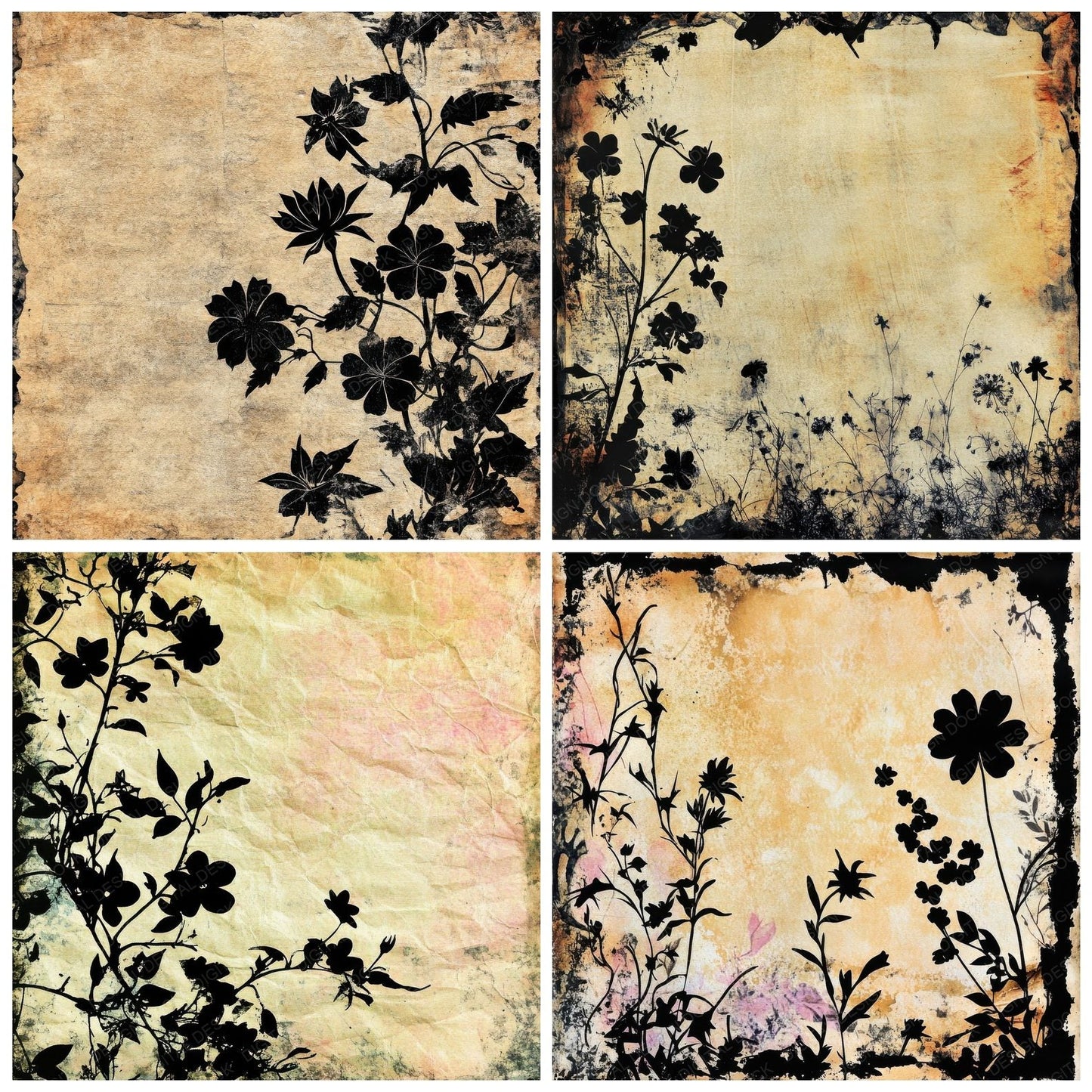 Black Floral Silhouettes Digital Paper Pack (DDD000378)