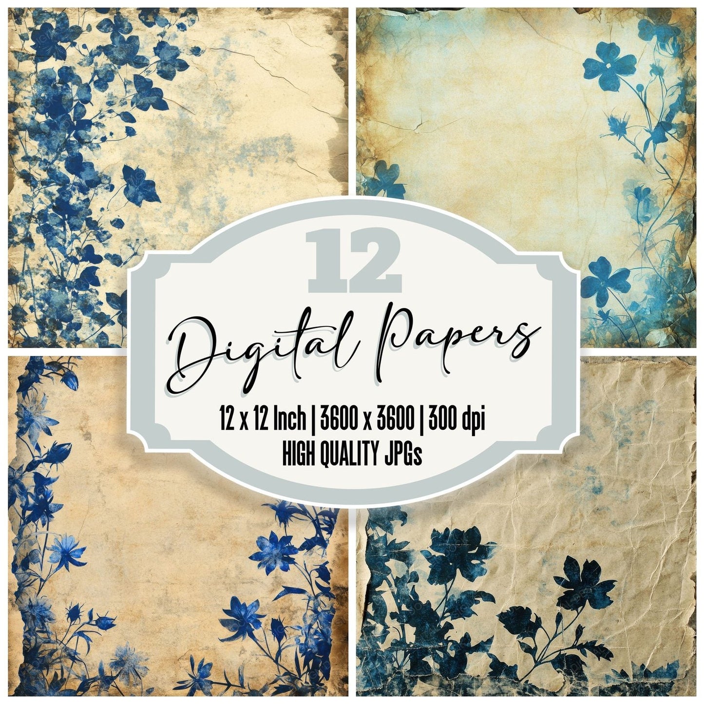 Blue Floral Silhouettes Digital Paper Pack (DDD000379)