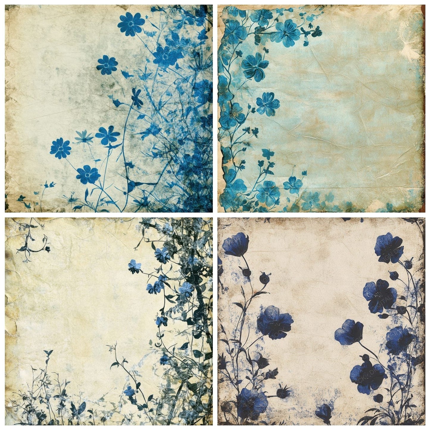 Blue Floral Silhouettes Digital Paper Pack (DDD000379)